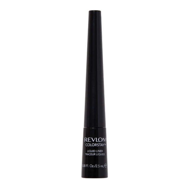 Revlon ColorStay Traceur Liquide en Bouteille Cylindrique Noire avec long Capuchon Effilé, Présentant une Image de Marque Imprimée Blanche et des Détails sur le Produit, Conçu pour une application Précise, Imperméable et Longue Tenue du Maquillage des Yeux le long de la Ligne des Cils.