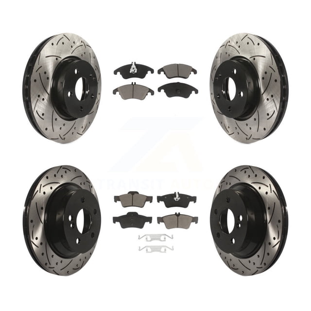 Transit Auto Front Rear Coated Drilled Slotted Disc Brake Rotors and Ceramic Pads Kit for Car Mercedes-Benz E350 E400 with 322mm Diameter Rotor KDC-100509