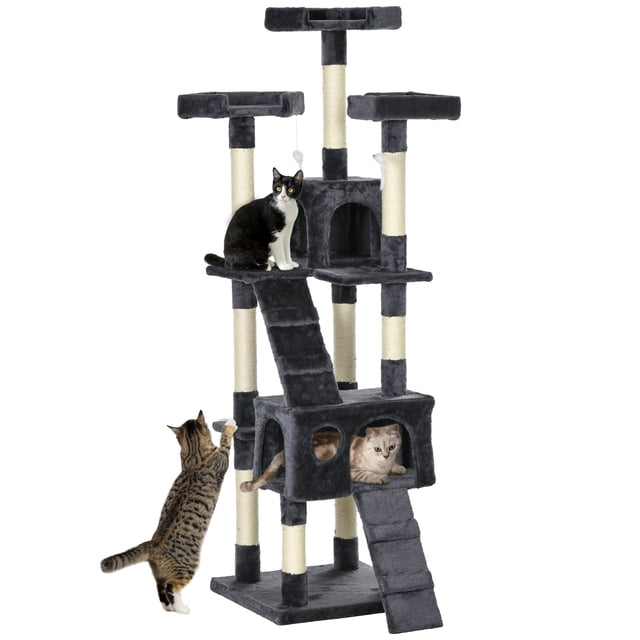 PawHut 68 inches Cat Tree, Multi-Level Large Cat Tower Condo in charcoal grey, a piece of cat furniture featuring three top perches, two spacious condos, two ladders, and three dangling pom-pom toys. Made of particle board, plush, and sisal rope for scratching. Cats are shown climbing, lounging, and playing on the structure.