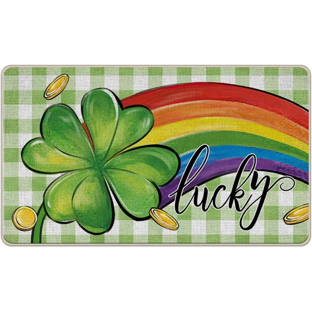 St. Patricks Day Lucky Clover Decorative Front Door Mat, Shamrock Rainbow Doormat Indoor Outdoor Non-Slip Floor Entryway Rug, Spring Plaid Farmhouse Irish Home Kitchen Decoration 17x29 Inch