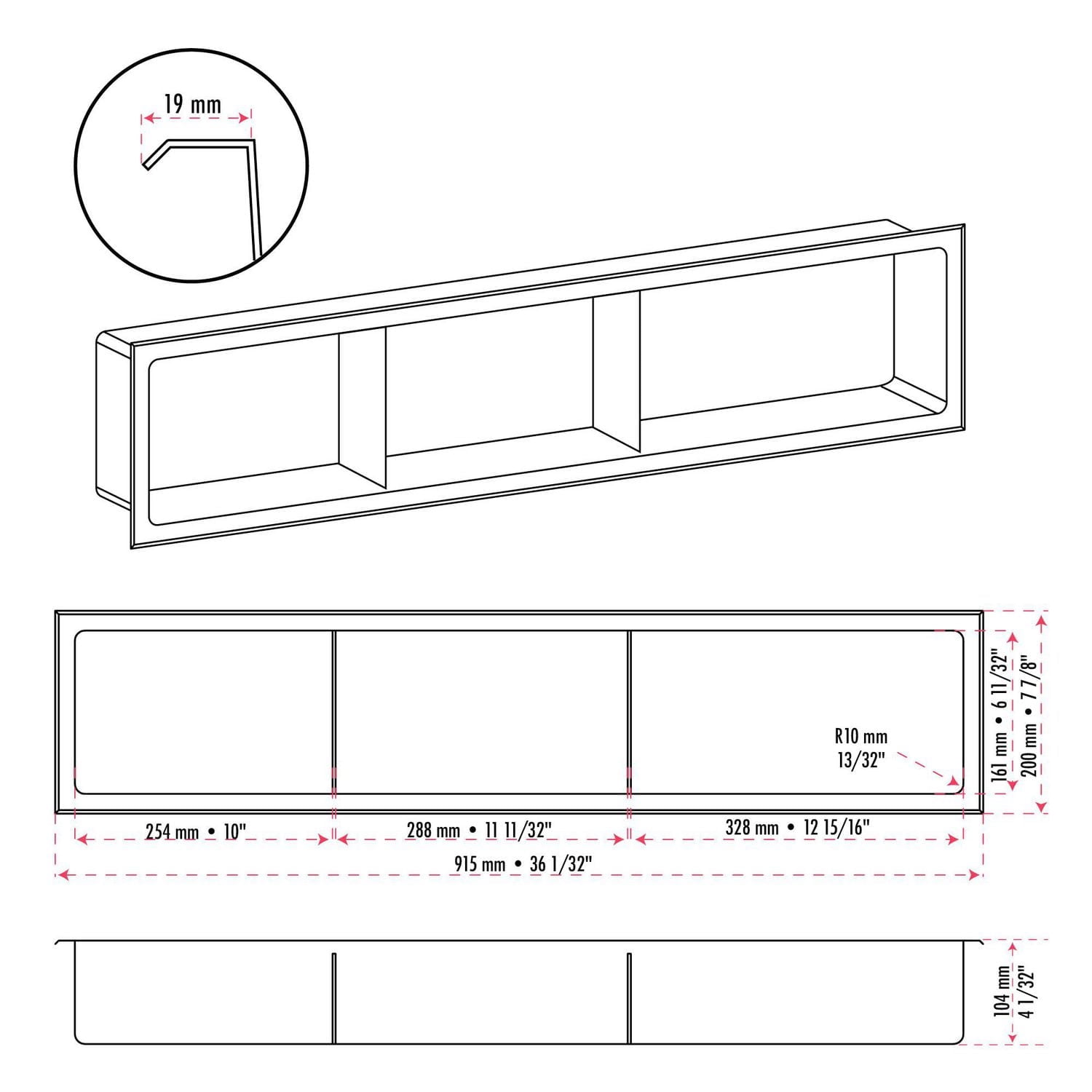 Niche de douche murale d'akuaplus® 12 po x 36 po, avec tablette.