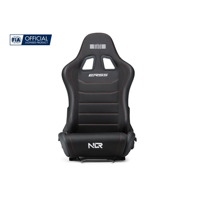 Next Level Racing® ERS5 Elite Reclining Seat- Fabric & SIMAERO Mesh Edition, front-facing black sim racing seat with breathable mesh fabric, red stitching, ergonomic contours, cutouts near the headrest, and white ERS5 and NLR logos, featuring a durable double recliner mechanism for immersive professional sim racing.