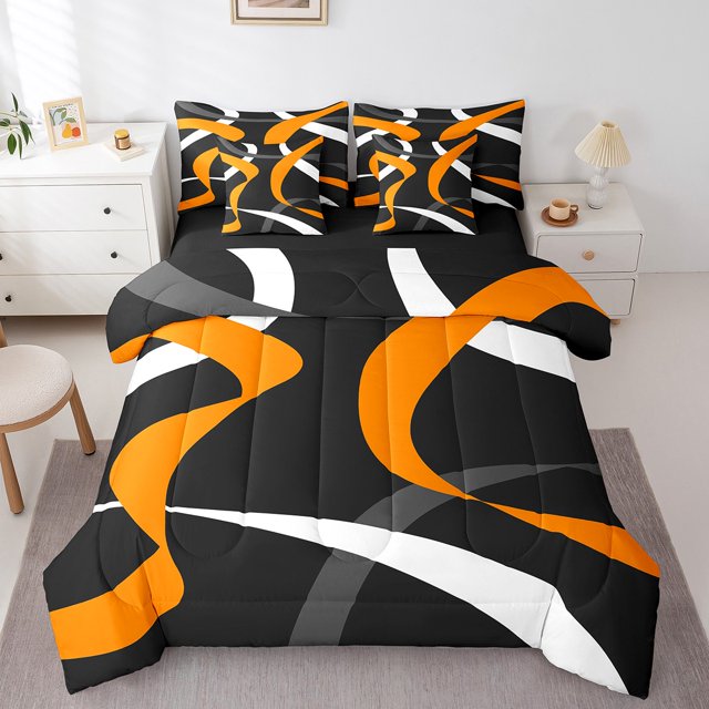 Erosebridal Geometric Stripe Bedding Sets Twin Size,Abstract Artwork Comforter Sets with Sheets,Geometry Lines Decor,Reversible,7pcs