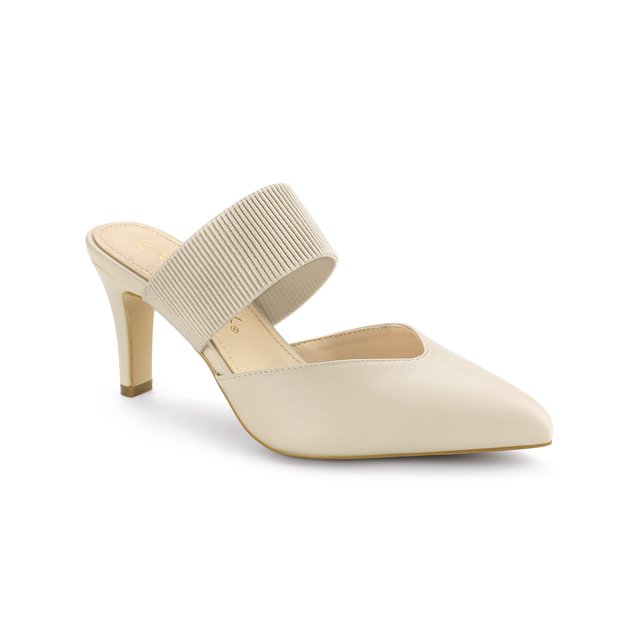 BLISSFUL STEP Women's Pointed Toe Elastic Strap Stiletto Heelsed Mules Beige 9