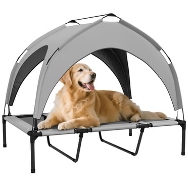PawHut Elevated Dog Bed Cooling Dog Cot Bed w/ Canopy, for L Light Grey