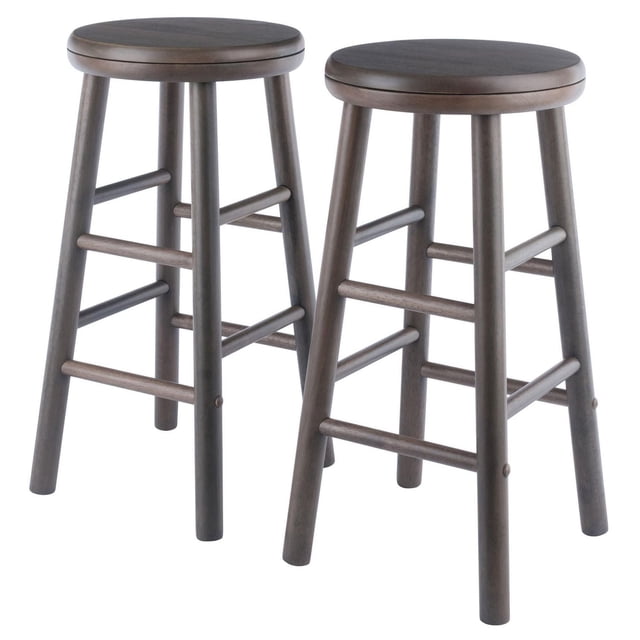 Ensemble de 2 Tabourets de Comptoir à Siège Pivotant Shelby avec Deux Tabourets en Bois Massif Gris Huître, Chacun Doté d'Un Siège Rond Pivotant à 360° Lisse, Quatre Pieds Légèrement Fuselés avec Doubles Barres Croisées pour la Stabilité et les Repose-Pieds, 25,3 Pouces de Hauteur, Convient aux Comptoirs de Cuisine Ou aux Petits Espaces de Salle à Manger, Aussi Souvent Utilisé comme Siège Supplémentaire dans les Salons.