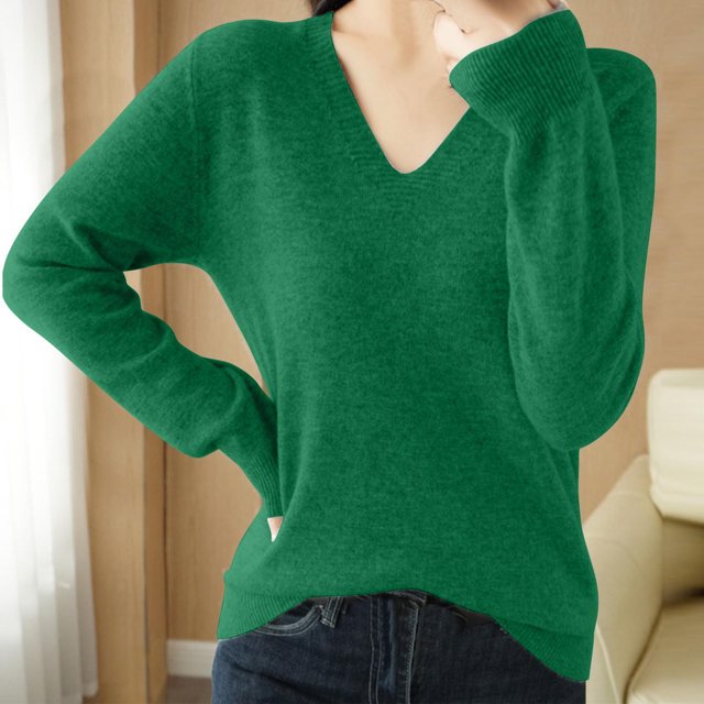 asjyhkr Tops For Women Long Sleeve Knit Cotton V Neck Sweater Pullover Basic T Shirts Solid Color