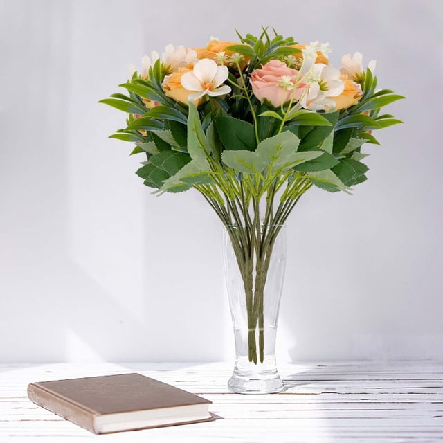 Simulated Camellia Rose Vase, Usavan Realistic Silk Flower Arrangement, Artificial Floral Centerpiece for Home Decor Wedding Table