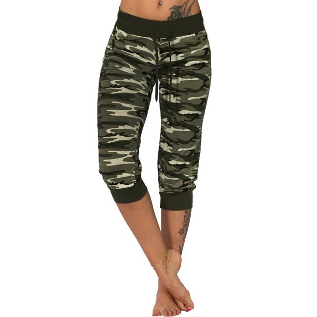 Innerwin Pantalon de Sport Cordon Dames Bas de Course Taille Élastique Pantalon Capri Respirant Armée Vert S