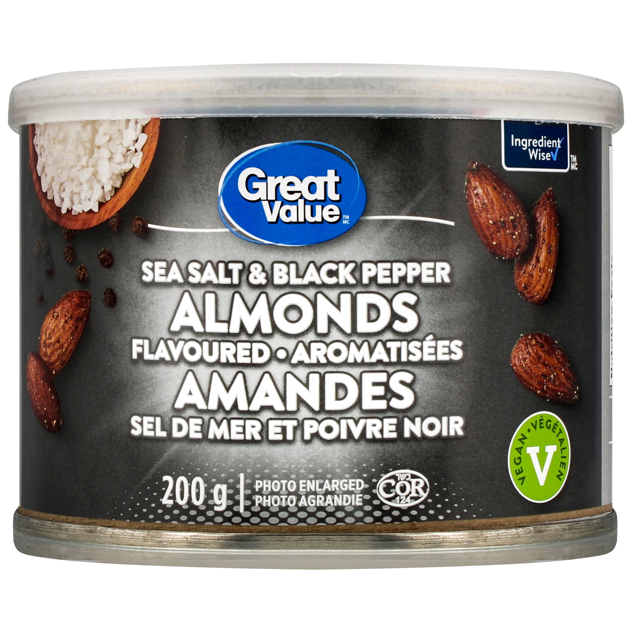Amandes aromatisées Sel de mer et poivre noir Great Value, Vegan, Casher, 200 g