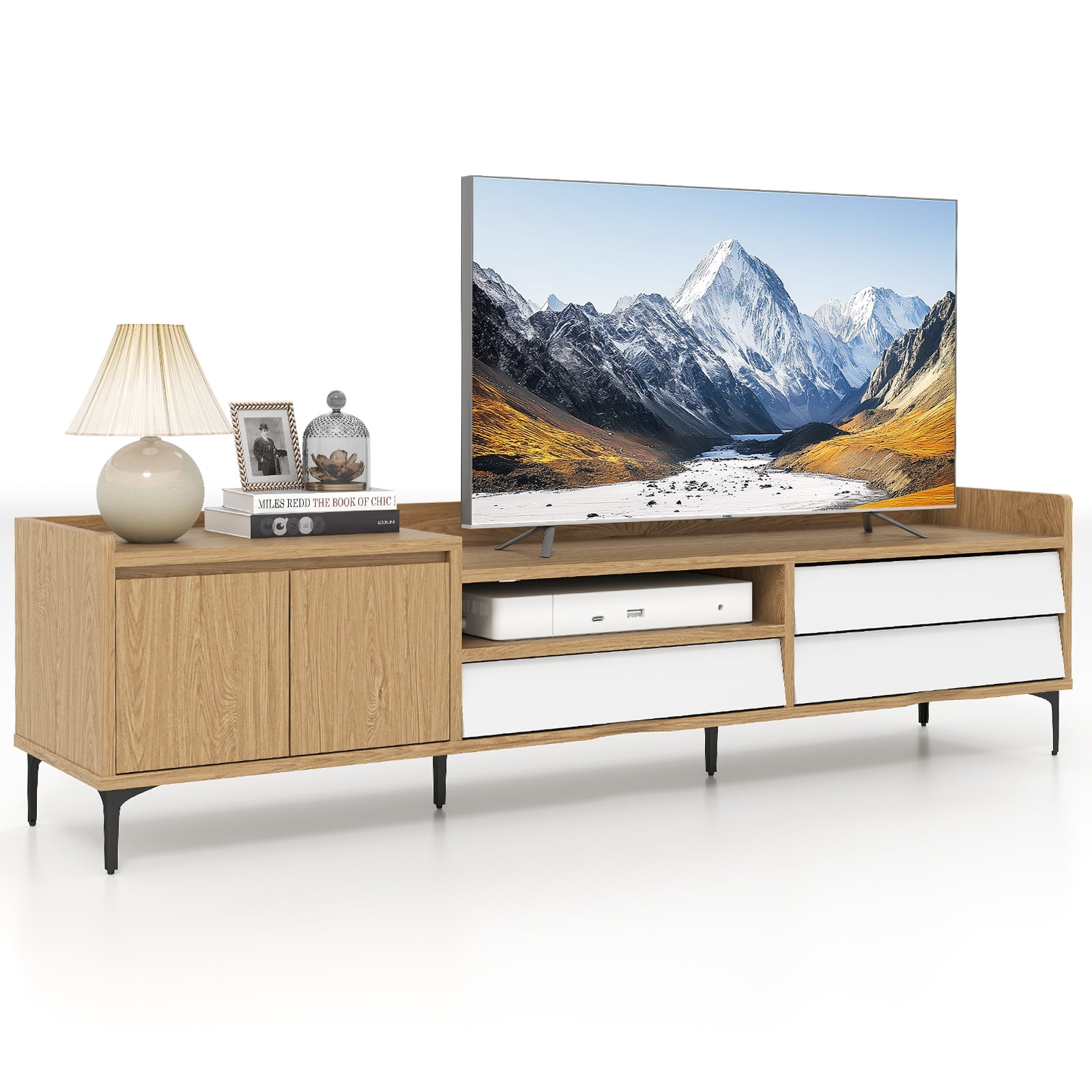 Gymax Support TV avec cabinet, 3 tiroirs, compartiment ouvert, trou pour câbles pour téléviseurs jusqu'à 80 po