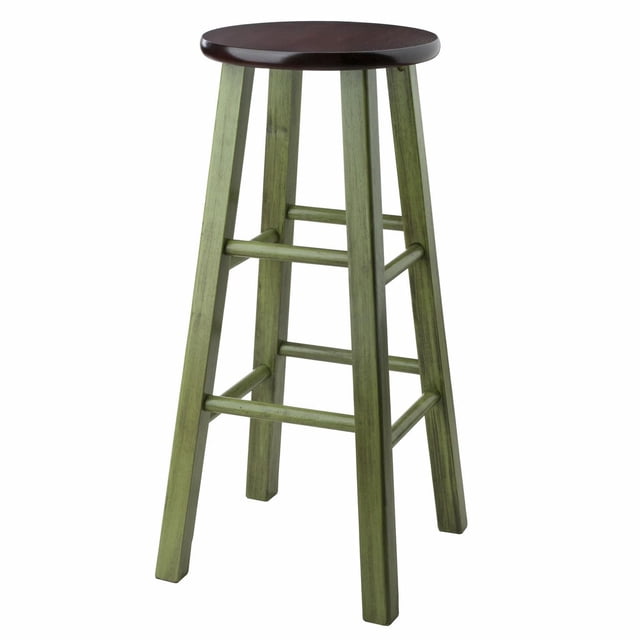 Tabouret de Bar Ivy 29 Pouces Vert Rustique avec Siège en Noyer avec Pieds Carrés en Bois Massif Vert Rustique et un Siège Rond en Noyer de 13 Pouces, avec Barres Croisées Hautes et Basses pour la Stabilité et le Confort, Idéal pour la Cuisine Ou les Sièges de Salle à Manger et Souvent Utilisé comme Support Latéral pour les Plantes Ou la Déco.
