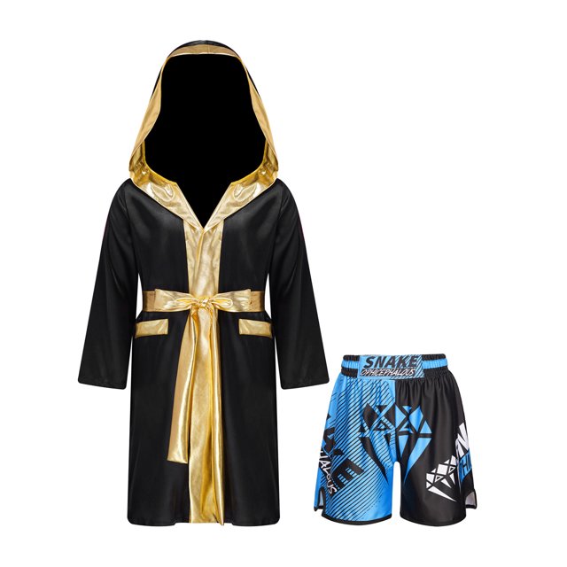 RUNQHUI Kids Boys Boxing Outfits Metallic Satin Hooded Robe Cloak and Shorts Set Boxer Party Fancy Dress B5 14