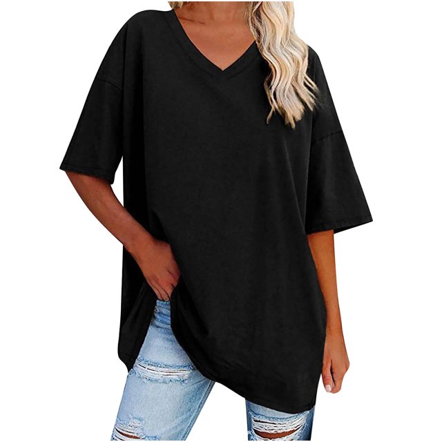 Plebaso T-Shirts Surdimensionnés pour Femmes à Col en V à Manches Mi-Longues T-Shirts Décontractés Unis Confort Hauts Amples pour Femmes