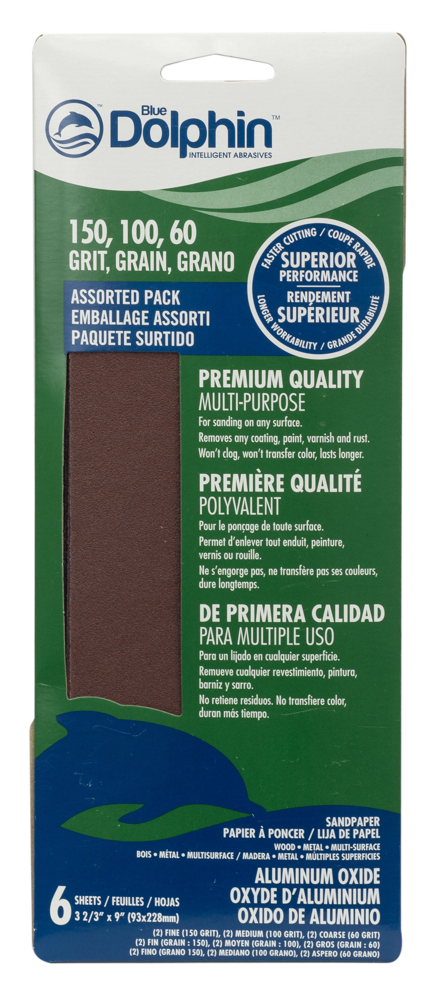Blue Dolphin Aluminum-Oxide Sandpaper 150 Grit 3 2/3" x 9" Sheet (6 pack)