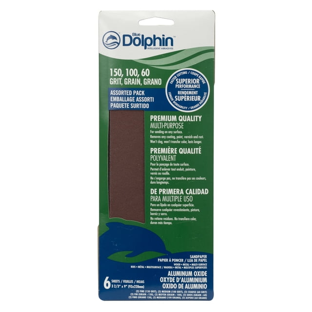 Aluminum-Oxide Sandpaper Assorted Grits 3 2/3" x 9" Sheet (6 pack) by Blue Dolphin with green and blue packaging showing one brown sandpaper sheet. Contains 150, 100, and 60 grit sheets for multi-purpose sanding on wood, metal, and other surfaces. Features premium quality, superior performance, and long-lasting durability. Text in English, French, and Spanish. Dimensions 3 2/3 inches by 9 inches (93x228mm). Ideal for removing coatings, paint, varnish, and rust.