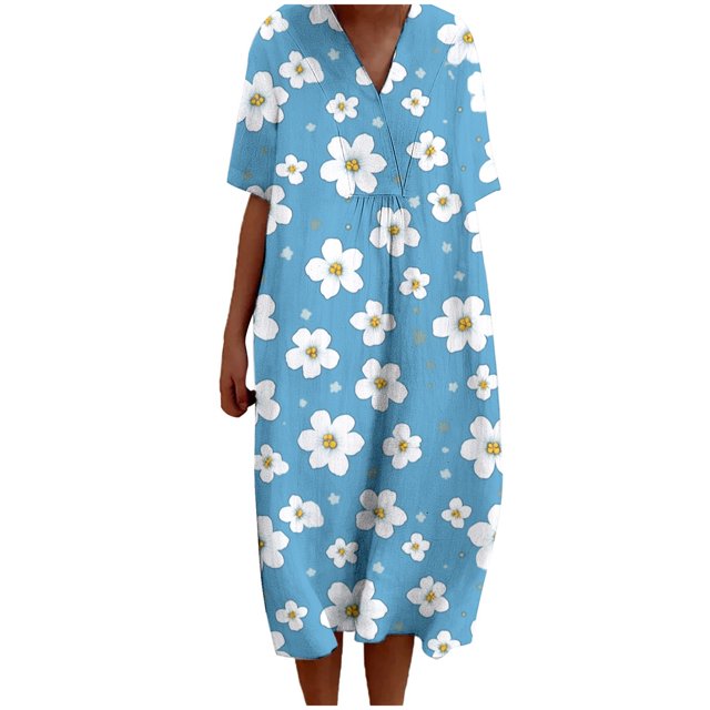 TJAZFJPA Robe à Manches Longues pour Femmes Robe d'Été de Mode pour Femmes Style Plage Imprimée Col en V Manches 5/4 Robe Décontractée (1) Robe Cocktail à Manches Longues pour Femmes Robe Blanche en Dentelle