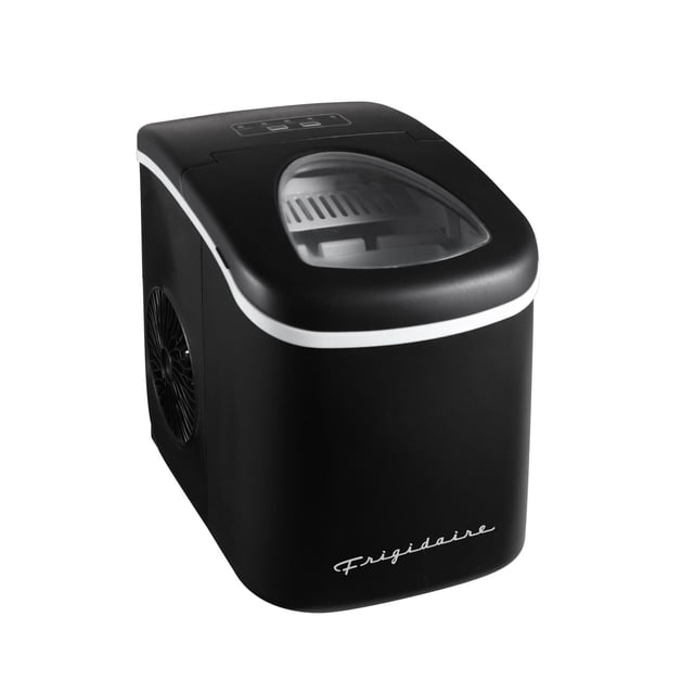 Frigidaire Portable Countertop Ice Maker, bullet-shaped with black matte finish and white trim, featuring a transparent top window for ice level monitoring, LED control panel, side ventilation fan, rapid ice production up to 26 lbs in 24 hours, and dual ice size options, suitable for kitchen countertops.