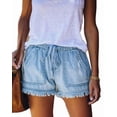 thumbnail image 2 of Shorts en Denim Extensible à Revers pour Femmes, Taille Élastique avec Cordon, Short Confortable, Bleu Pâle, S, 2 of 7