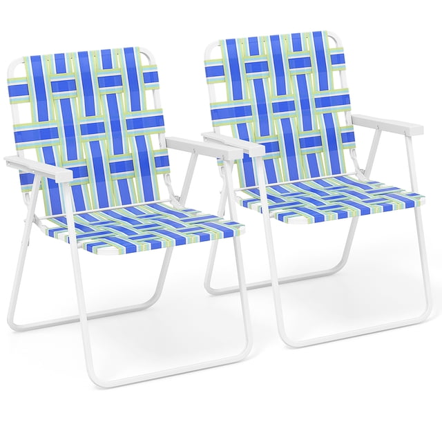 Gymax 2 Pcs Chaise de Plage Pliante Camping Pelouse Chaise à Sangles Légère 1 Position Bleu