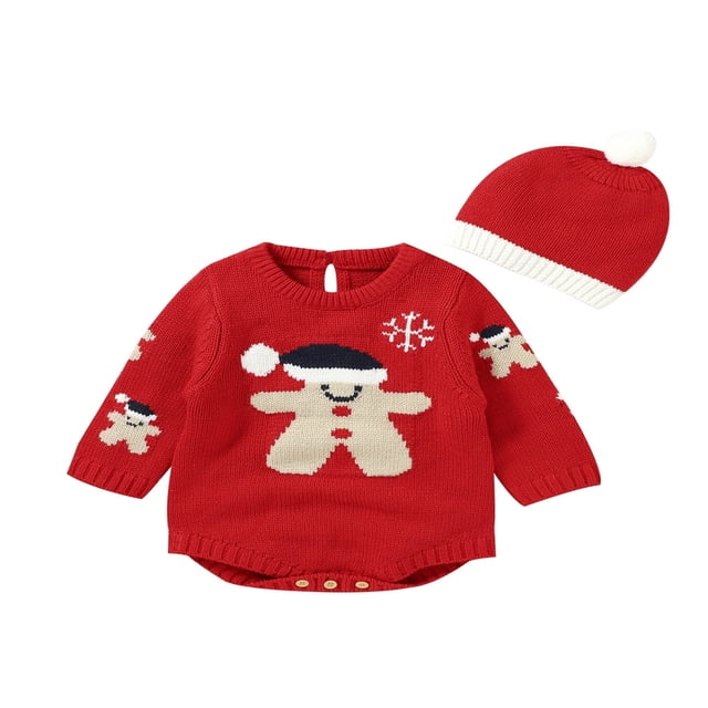 Infant Baby 2PCS Christmas Outfits Long Sleeve Neck Knit Romper + Beanie Hat Set