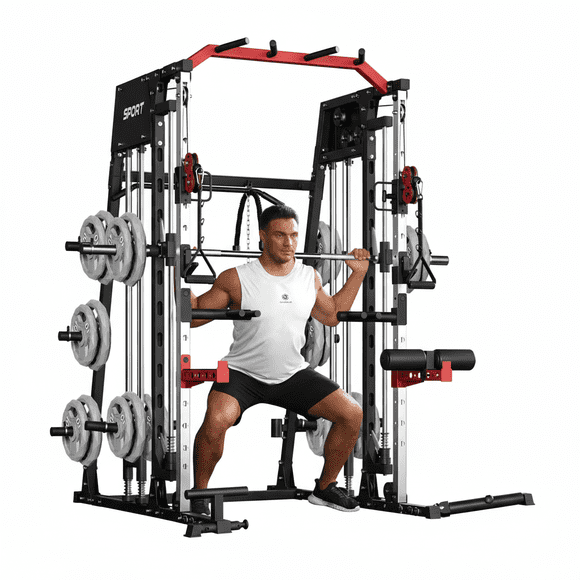 GARVEE Machine Smith Tout-en-un pour Gym à Domicile, Support pour Squats de 2200 Lb avec Barre de Poids, Systèmes à Double LAT de Tirage vers le Bas et Machine à Croisement de Câbles, Rouge et Noir