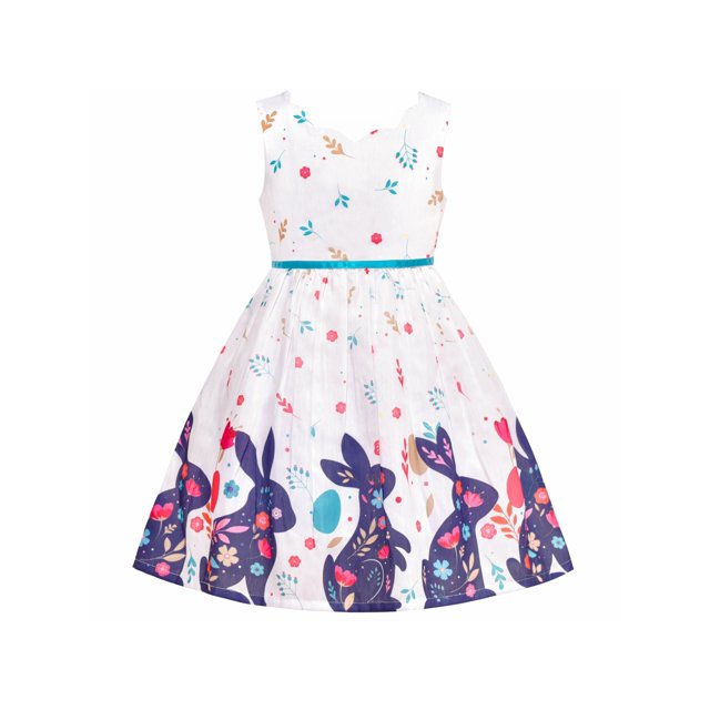 Robe Fille Col Pétale Easter Bunny Floral Lapin Coton Sans Manches 8 Ans