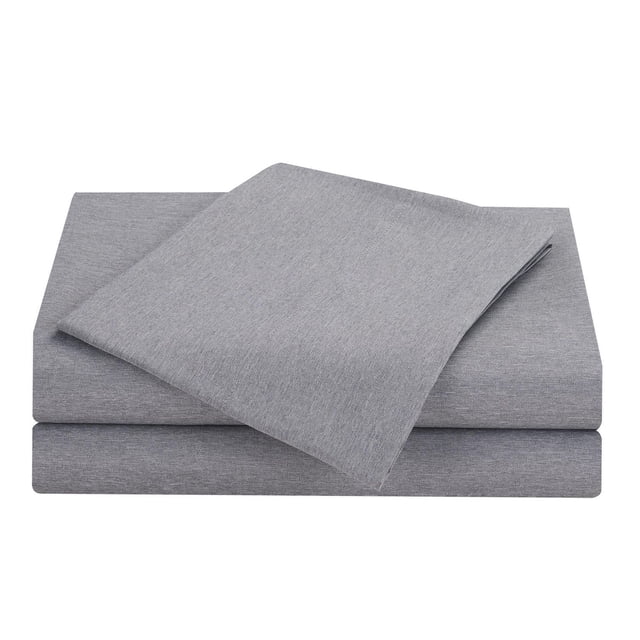 Mainstays Kid Easy Wash Soft Microfiber Sheet Set in grey, folded with flat sheet on top, made from 100% polyester microfiber fabric that is durable, wrinkle resistant, and machine washable. Includes a fully elasticized fitted sheet fitting mattresses up to 14 inches deep, ideal for kids' bedding and suitable for easy care.