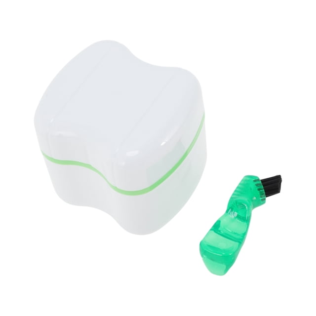 Unique Bargains 1 Set Braces Box Denture Bath Case Cup with Denture Cleaner Brush Green