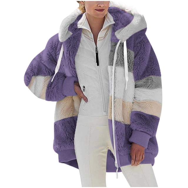 FAIWAD Women's Full Zip Fuzzy Fleece Hooded Coat Color Block Drawstring Fall Winter Warm Coat with Pockets