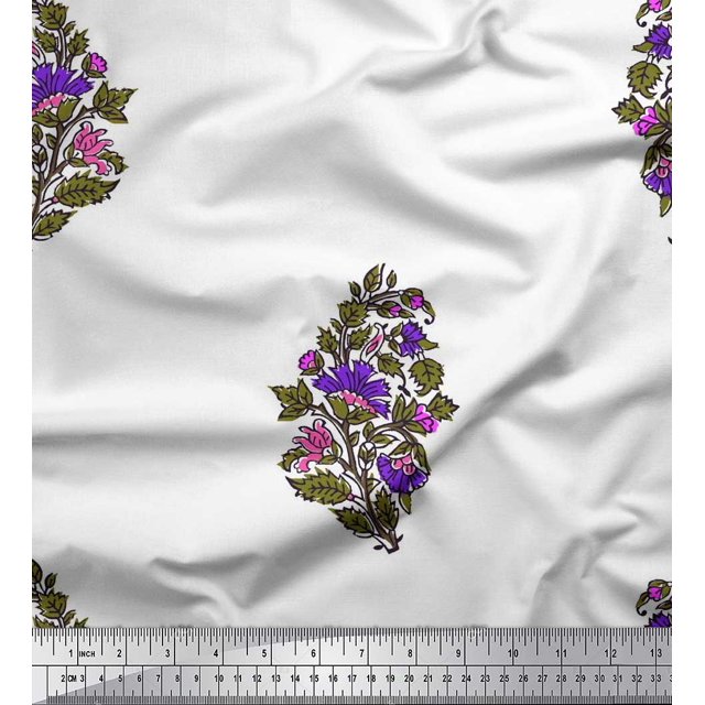 Soimoi Polyester Crepe Fabric Leaves & Floral Block Print Sewing Fabric Yard 42 Inch Wide