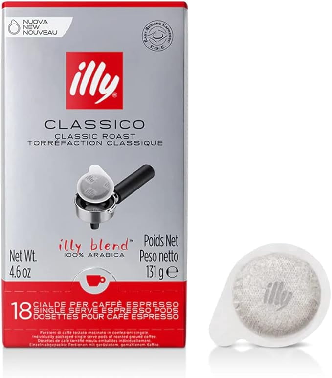 Pack of 4 - Illy Classico E.S.E. Pods , Medium Roast, Classic Roast with Notes of Chocolate & Caramel, 100% Arabica Coffee, All-Natural, No Preservatives, 18 Count each