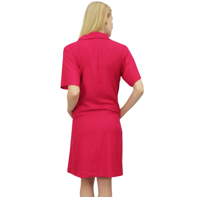 Bimba Chemise de Nuit pour Femmes Rose Fuchsia à Col Cranté Boutonnée avec Poches-10