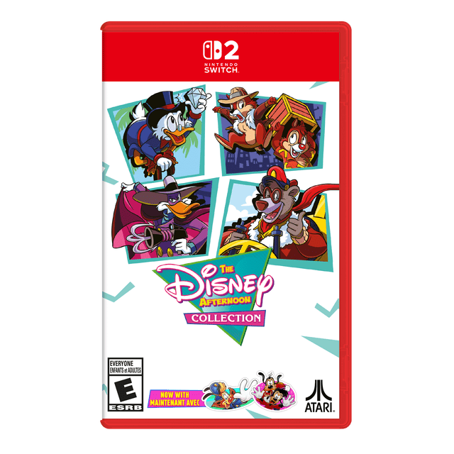 La Collection après-Midi Disney Nintendo Switch 2 Étui de Jeu Mettant en Vedette des Personnages Rétro Disney NES et SNES Incluant Scrooge McDuck Tenant un Diamant, Chip et Dale Portant une Cage, Darkwing Duck Visant une Arme, et Baloo Donnant un Pouce en l'Air, avec une Bannière Nintendo Switch 2 Rouge, Ersb rating E, et le logo Atari sur Fond Blanc.