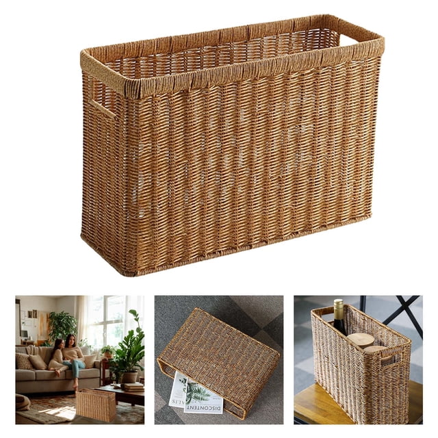 Noehoiugi Woven Rattan Magazine Rack With Handles, Rectangular Storage For Newspapers, Magazines And Bottles, Brown Home Desk Organizer