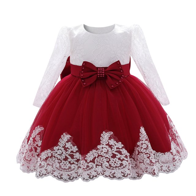 MIASHUI Robe en Dentelle pour Filles Manches Longues en Maille Robe de Princesse pour Mariage Fête Nœud, Vin, 12-18 Mois