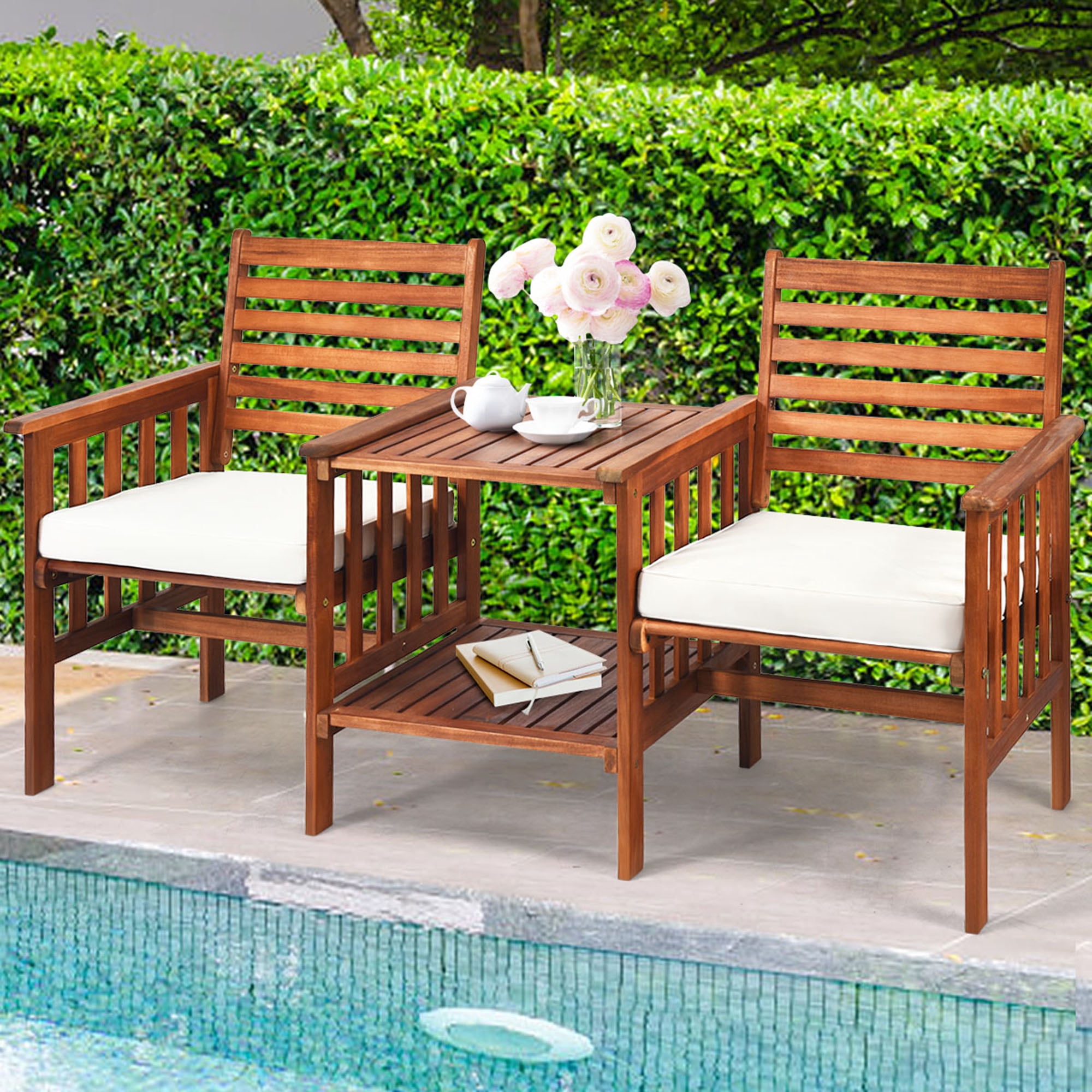 Gymax Acacia Wood Loveseat Patio Outdoor Conversation Set w/ Table White Cushion