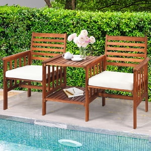 Gymax Acacia Wood Loveseat Patio Outdoor Conversation Set w/ Table White Cushion