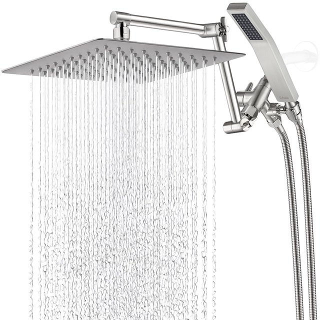 G-Promise All Metal 10 Inches Rainfall Shower Head with Handheld Spray Combo 3 Settings Diverter Adjustable Extension Arm with Lock Joints 71 Inches Stainless Steel Hose (Brushed Nickel)