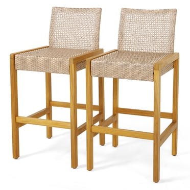 Costway Ensemble de 2 Tabourets de Bar en Bois pour Patio Chaises de Bar en Rotin Hauteur de Bar avec Dossier Porche Balcon