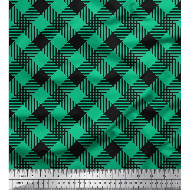 Soimoi Green Viscose Chiffon Fabric Diagonal Check Printed Fabric 1 Yard 42 Inch Wide