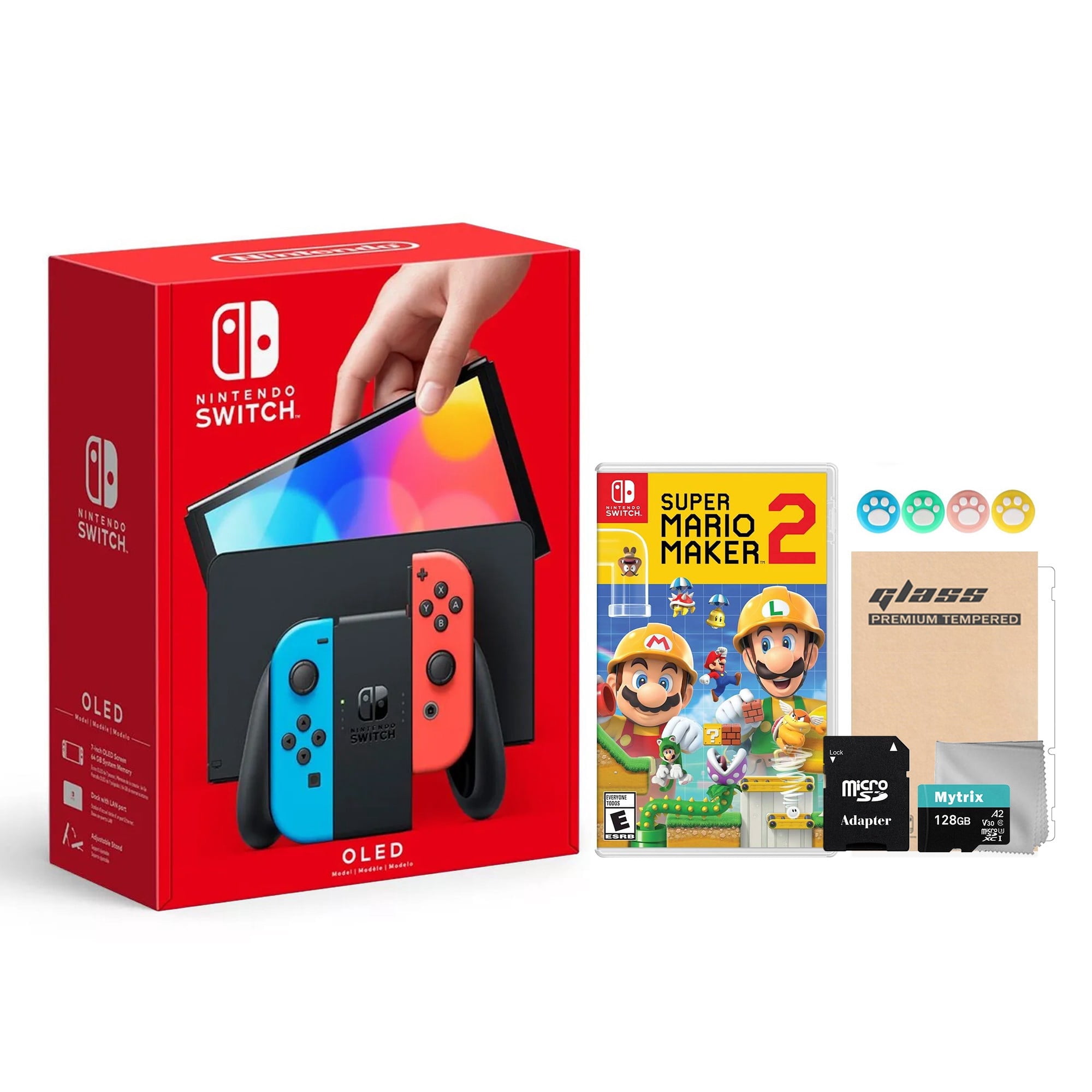 2021 New Nintendo Switch OLED Model Neon Red & Blue Joy Con 64GB Console HD Screen & LAN-Port Dock with Super Mario Maker 2 And Mytrix Accessories