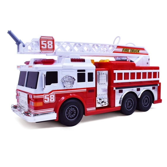 VEBO Fire Truck Motorized with Lights, Siren Sound, Working Water Pump and Rotating Rescue Ladder- Electric, Motorized, Big Fun Size 15", Realistic D