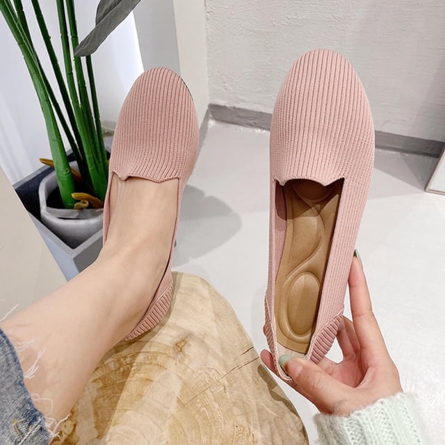 LSLJS Women's Flying Knitting Solid Color Light Mouth Comfortable Slip-On Flat Shoes, Flats Shoes