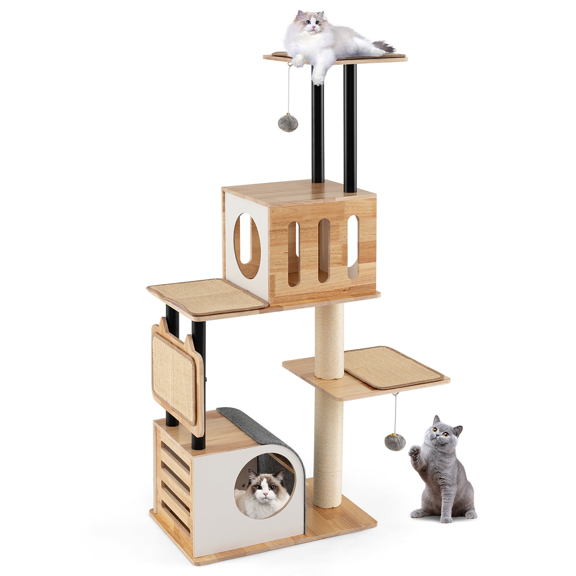 Gymax Wood Cat Tree w/Dual Cat Condos Sturdy Metal Tubes Frame Sisal Scratching Posts