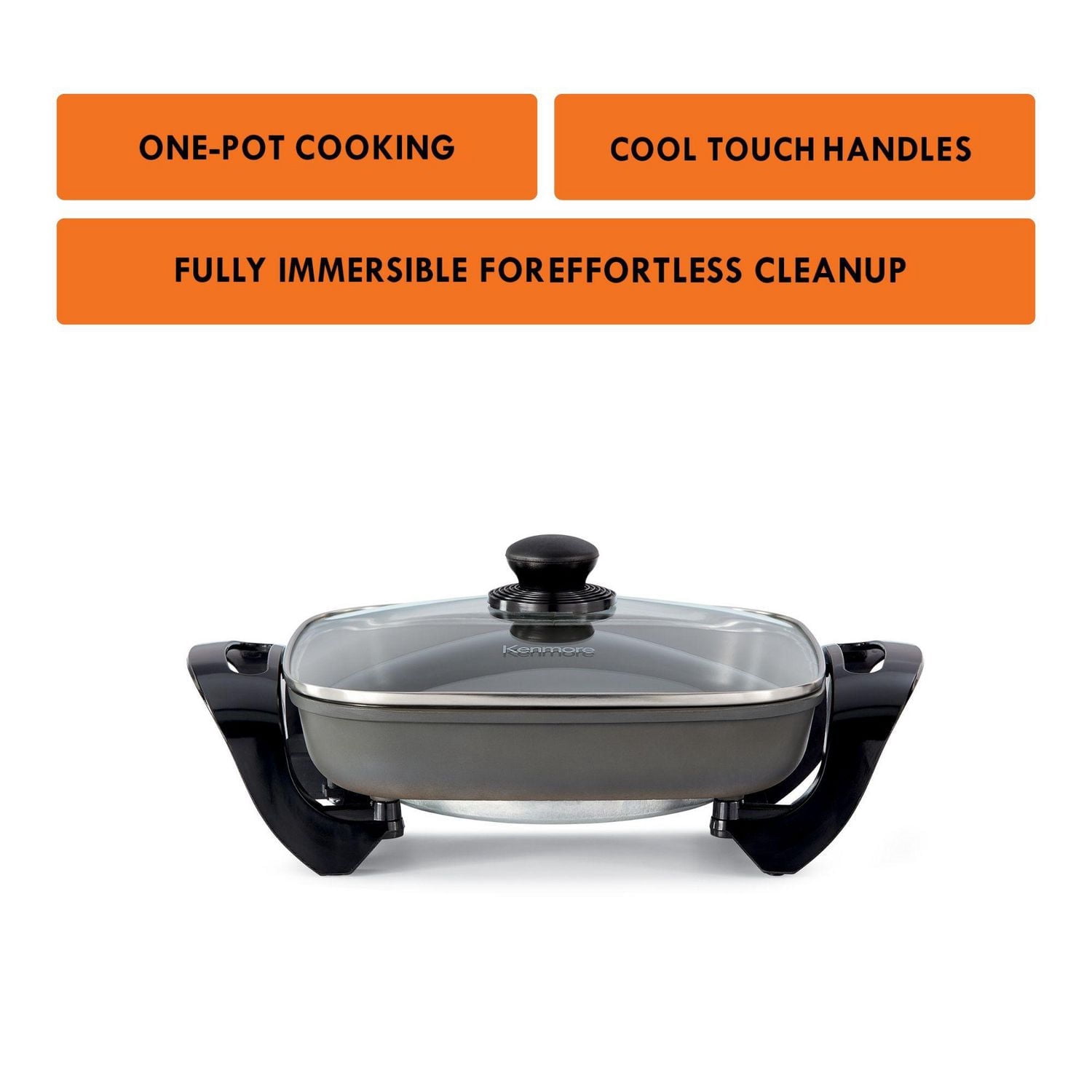 Kenmore Non-Stick Electric Skillet, 12x12" with Glass Lid, Black/Grey