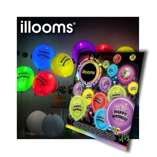 illooms Mixed Color Happy Birthday LED Light Up Balloons pack showing 15 natural rubber latex balloons in purple, red, yellow, green, and blue with 'Happy Birthday' and star swirl prints, featuring integrated LEDs that illuminate for up to 15 hours, suitable for birthday party decorations with easy pull-tab activation.