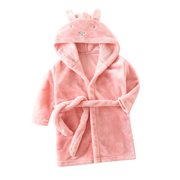 LLYWEY Girls Fleece Hooded Robe Toddler Soft Warm Fuzzy Bathrobe Kids Solid Color Long Sleeve Bath Robes with Belt Sleepwear Pinks 3T