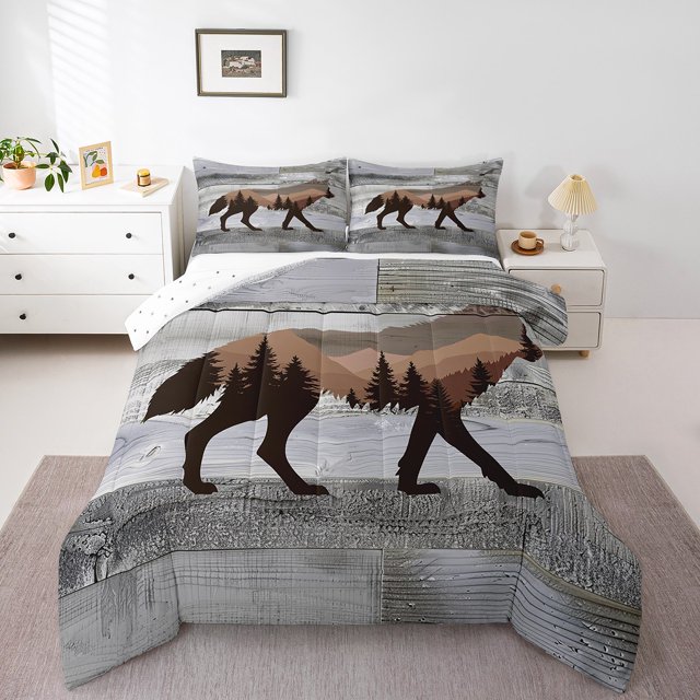 Wolves Hunting Queen Comforter Set, Safari Wooden Plank Wolf Soft Bed Set For Kids Teens, Rustic Animals Wildlife Breathable Down Comforter For Sofa, Trees Brown Mountains Duvet Insert