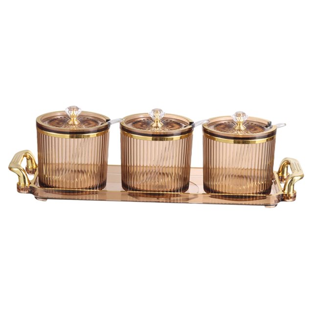 3 Pieces Stylish Simple Condiment Canisters Pots Set with Spoon Lid and Base Brown